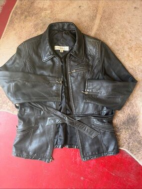 Black Leather Bomber-Style Belted Jacket